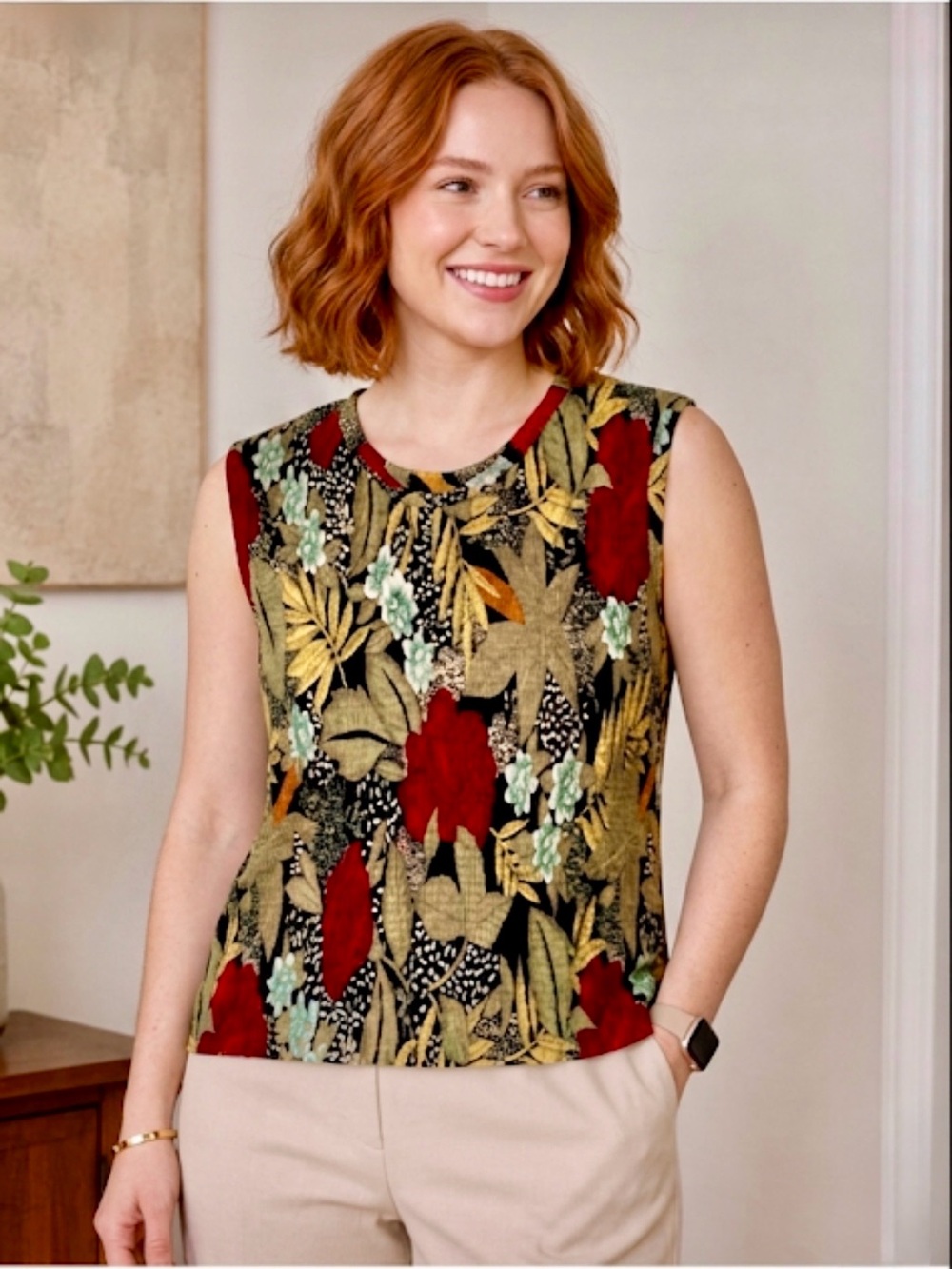 Vintage JAIPUR Plisse Pleated Floral Tank Top - Made in USA - L